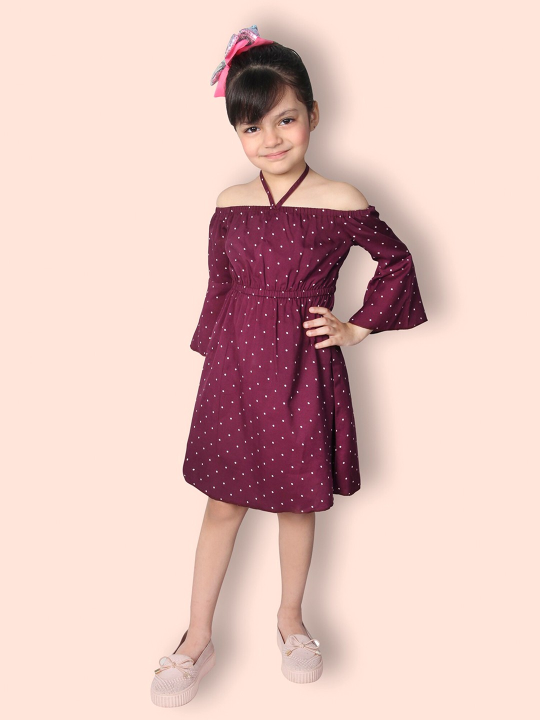 

ADDYVERO Girls Polka Dots Printed Off-Shoulder Bell Sleeve Gathered Fit & Flare Dress, Purple