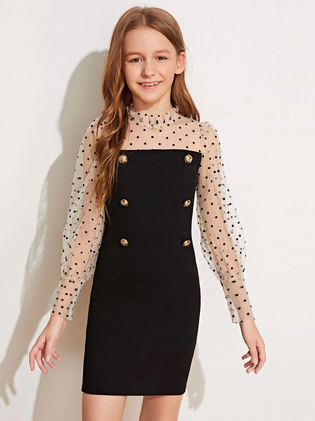 

ADDYVERO Girls Polka Dots Printed Round Neck Cuffed Sleeve Embellished Bodycon Dress, Black