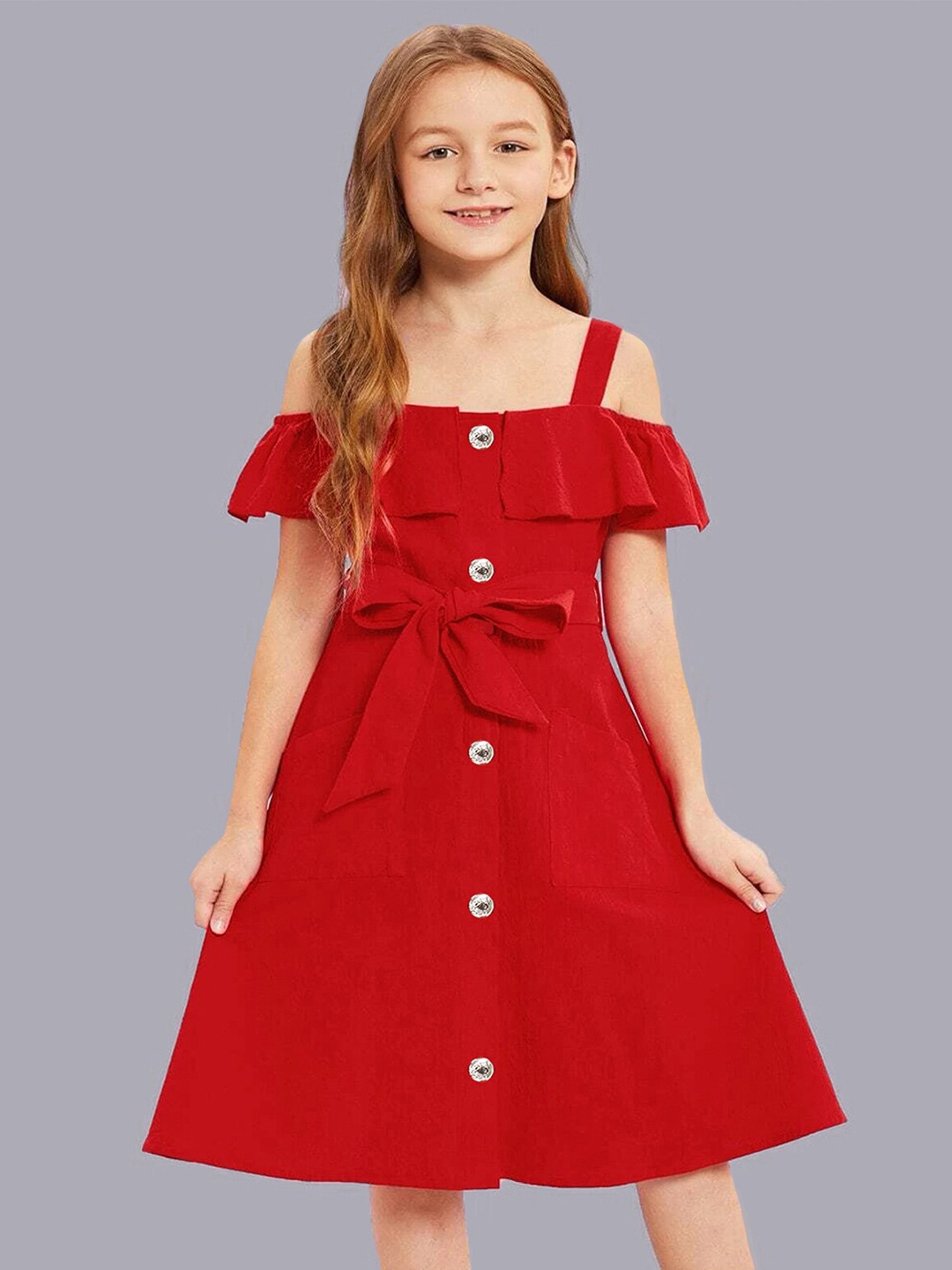 

ADDYVERO Girls Square Neck Cold-Shoulder Belted A-Line Midi Dress, Red