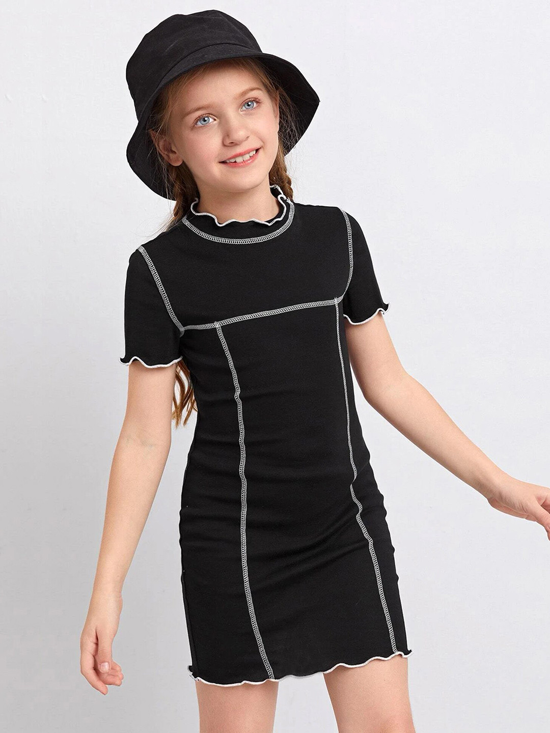 

ADDYVERO Girls Round Neck Embroidered Bodycon Dress, Black