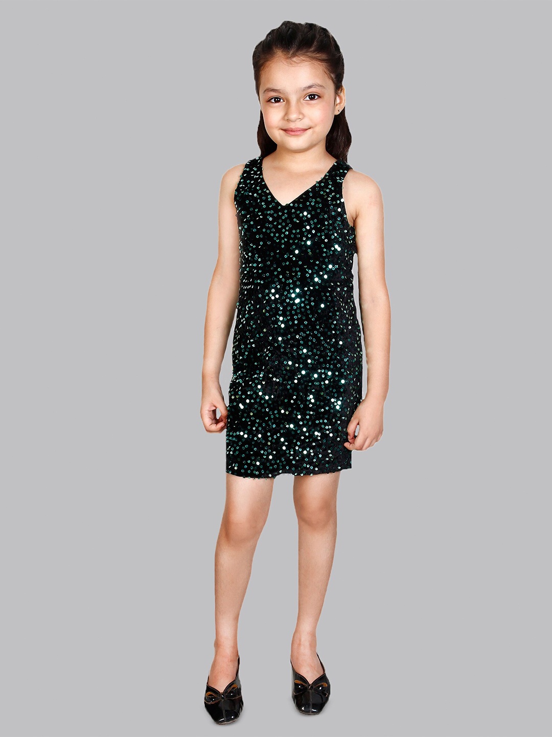 

ADDYVERO Girls Embellished V-Neck Sleeveless Sequined Sheath Dress, Green