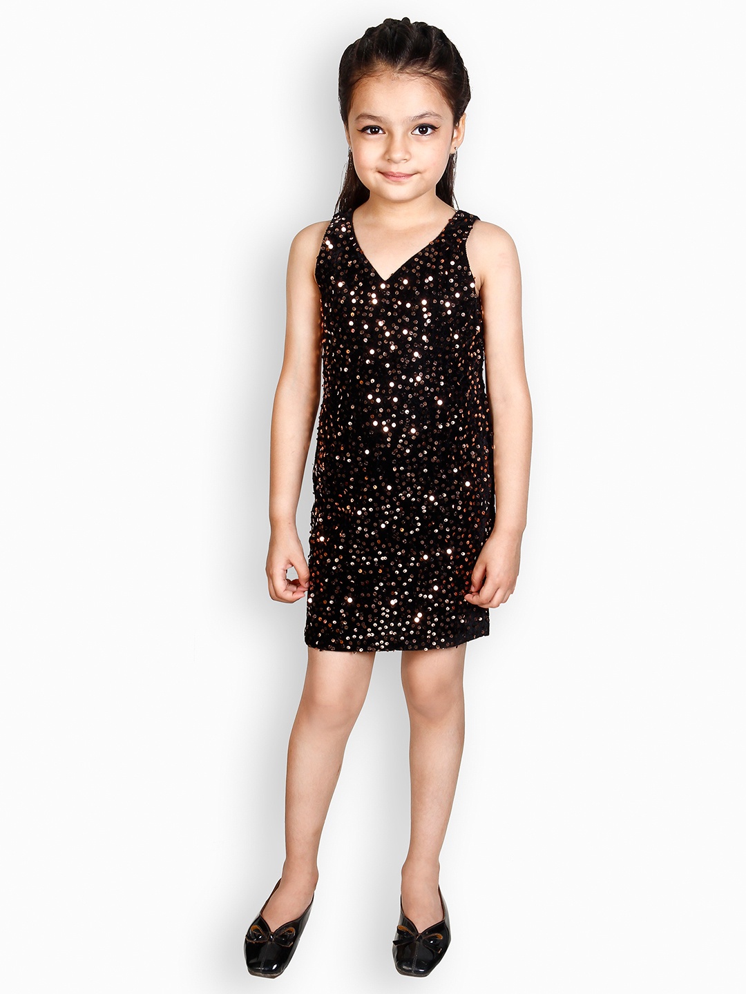 

ADDYVERO Girls Embellished V-Neck Sequined Detail Bodycon Dress, Black