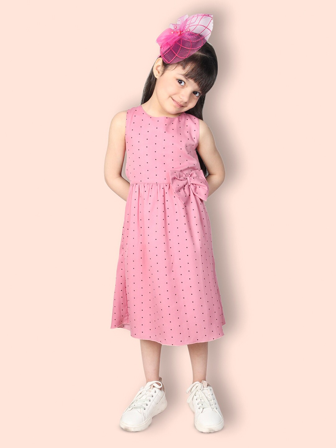 

ADDYVERO Girls Polka Dots Printed Bow Detail Cotton A-Line Midi Dress, Pink