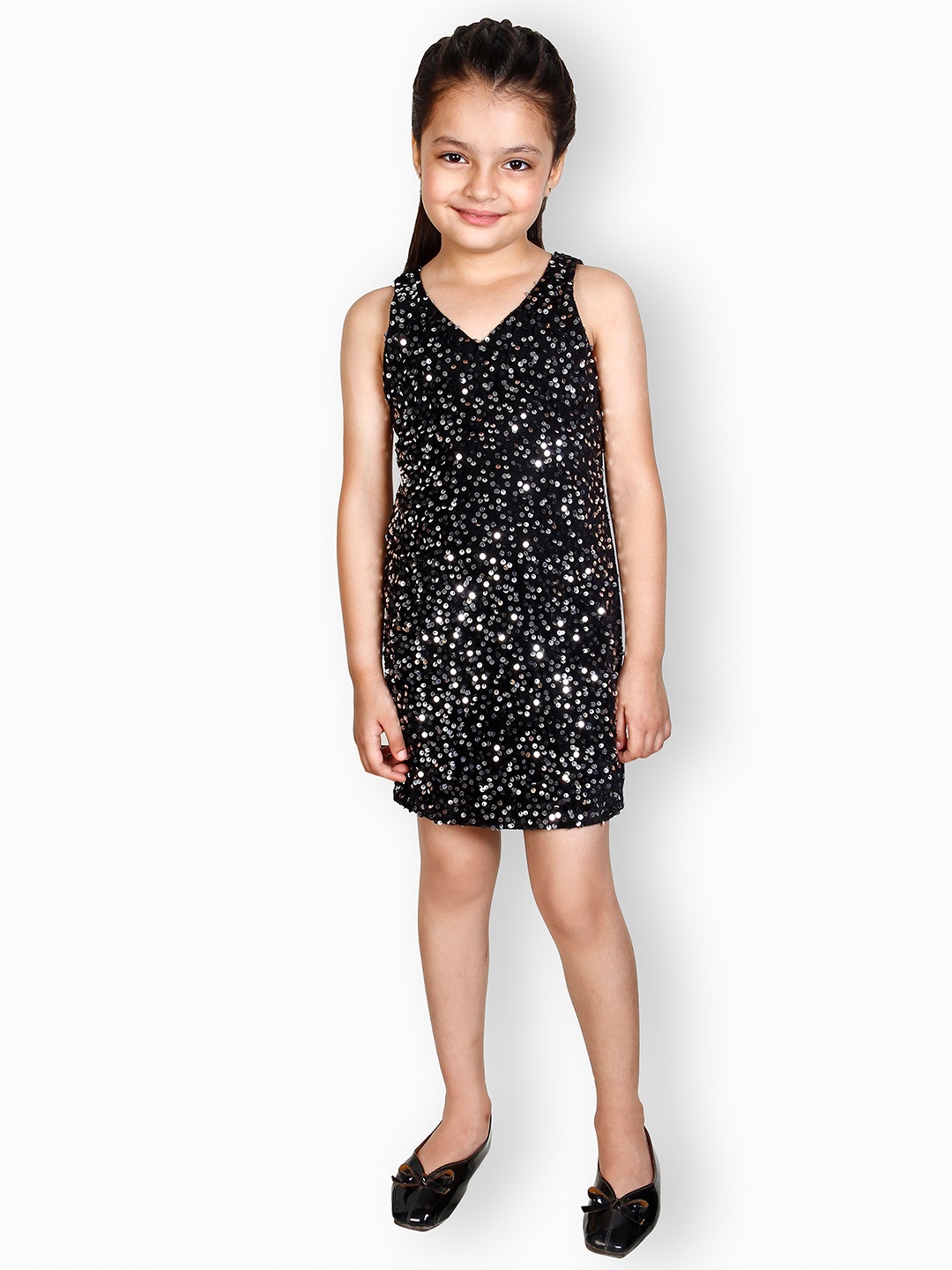 

ADDYVERO Girls Embellished V-Neck Sequined Detail Bodycon Dress, Black