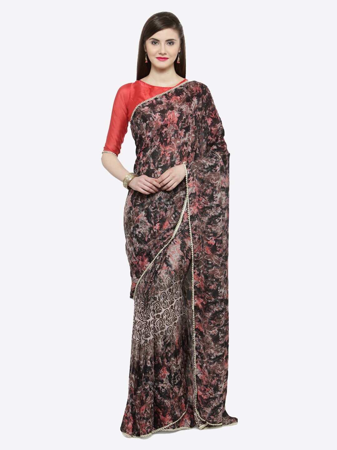 

KALINI Floral Printed Beads and Stones Satin Saree, Brown