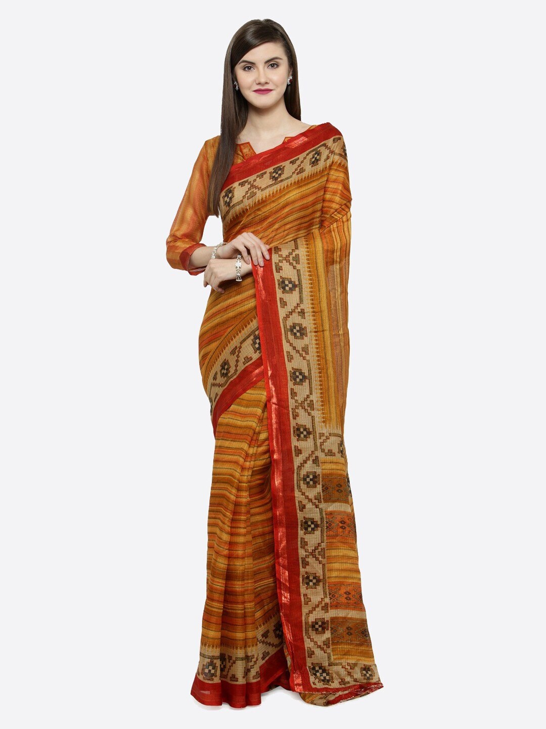

KALINI Striped Silk Cotton Saree, Mustard