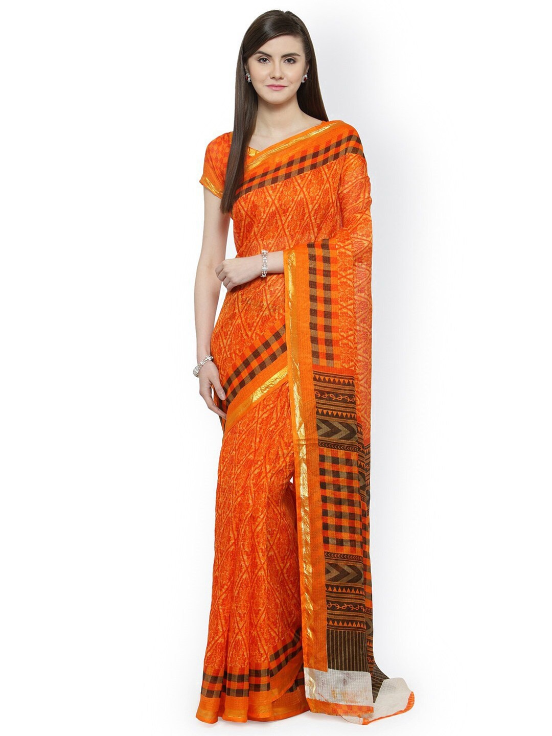 

KALINI Geometric Printed Silk Cotton Saree, Orange