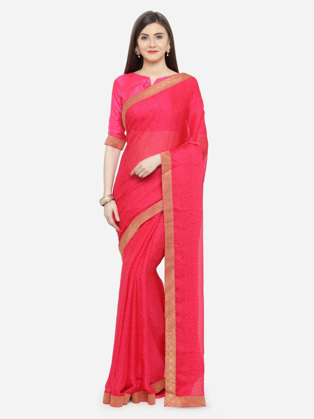 

KALINI Paisley Printed Zari Pure Georgette Saree, Pink