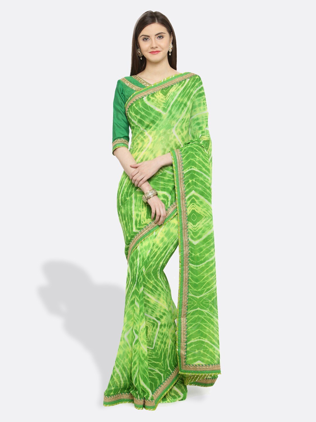 

KALINI Tie and Dye Embroidered Pure Georgette Saree, Green