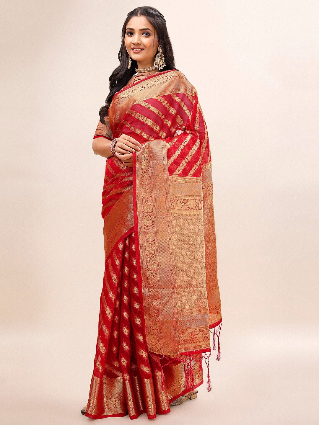 

Indian Women Ethnic Motifs Woven Design Zari Organza Saree, Red