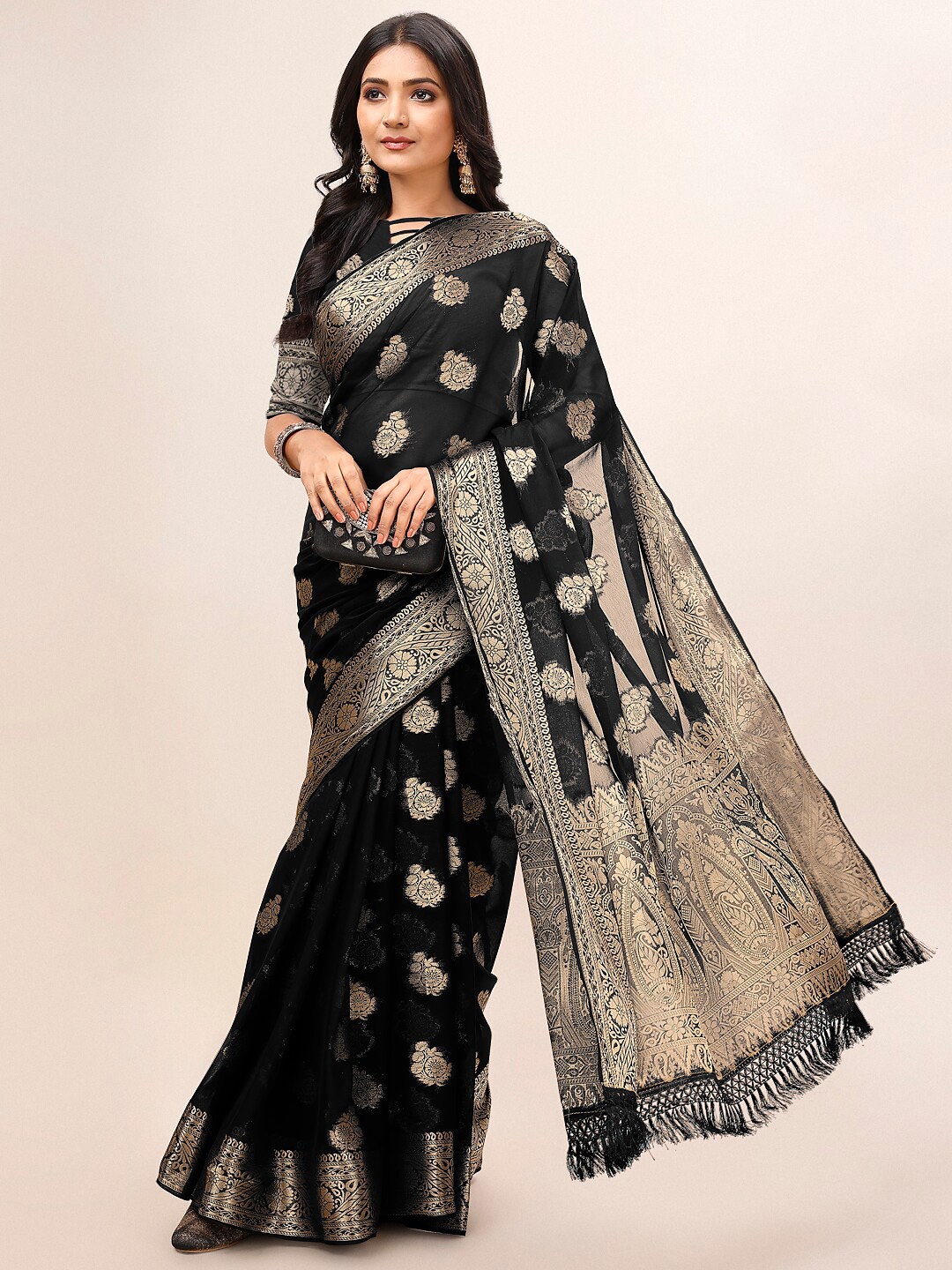 

Indian Women Ethnic Motifs Woven Design Zari Pure Chiffon Banarasi Saree, Black