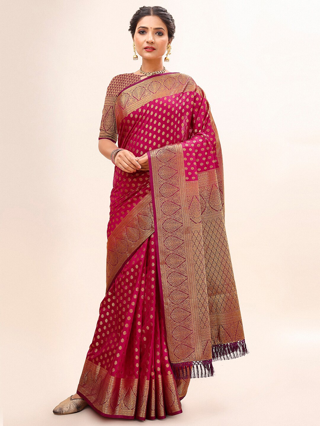 

Indian Women Ethnic Motifs Woven Design Zari Silk Blend Banarasi Saree, Maroon