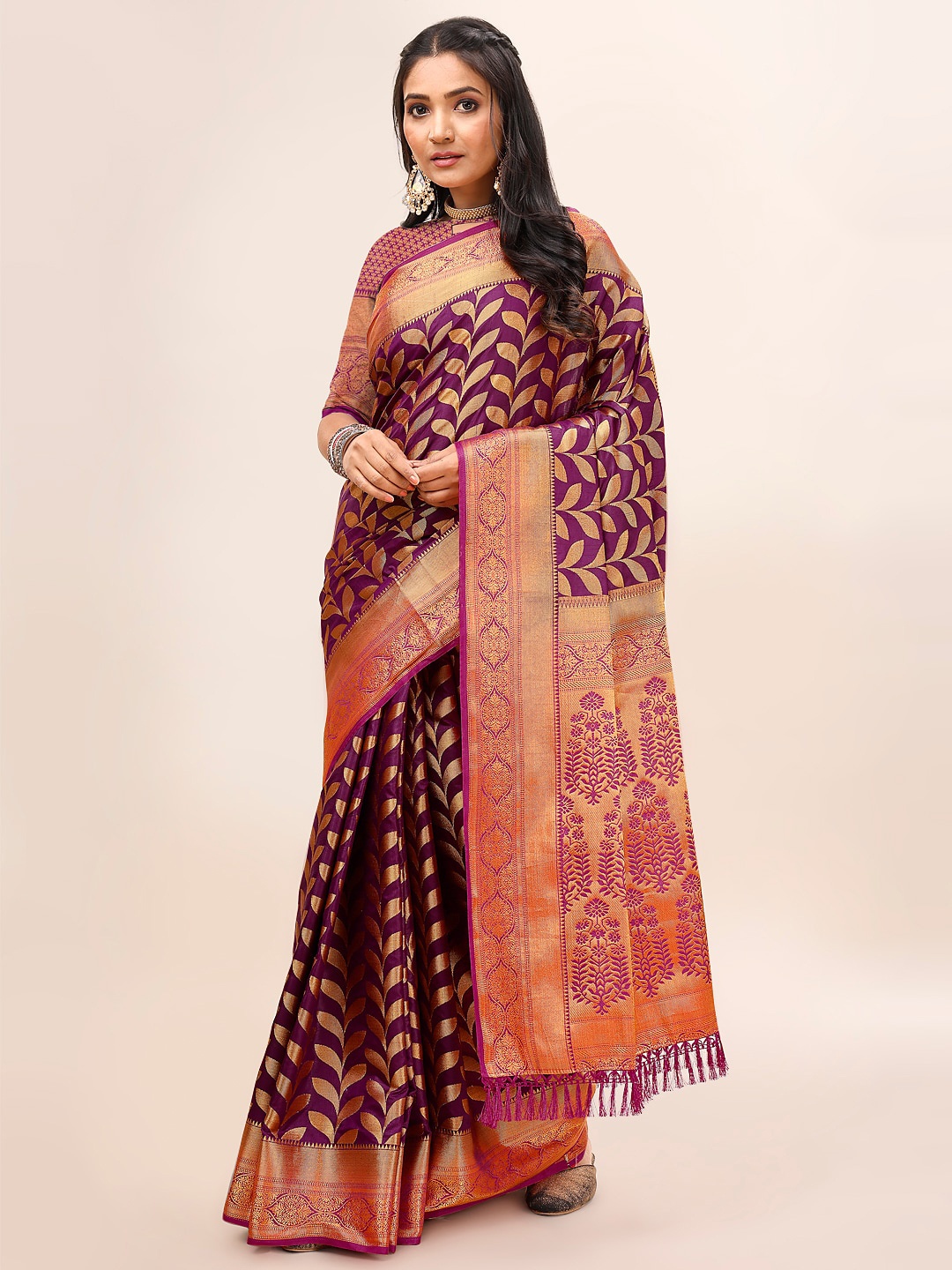 

Indian Women Ethnic Motifs Woven Design Zari Silk Blend Banarasi Saree, Purple