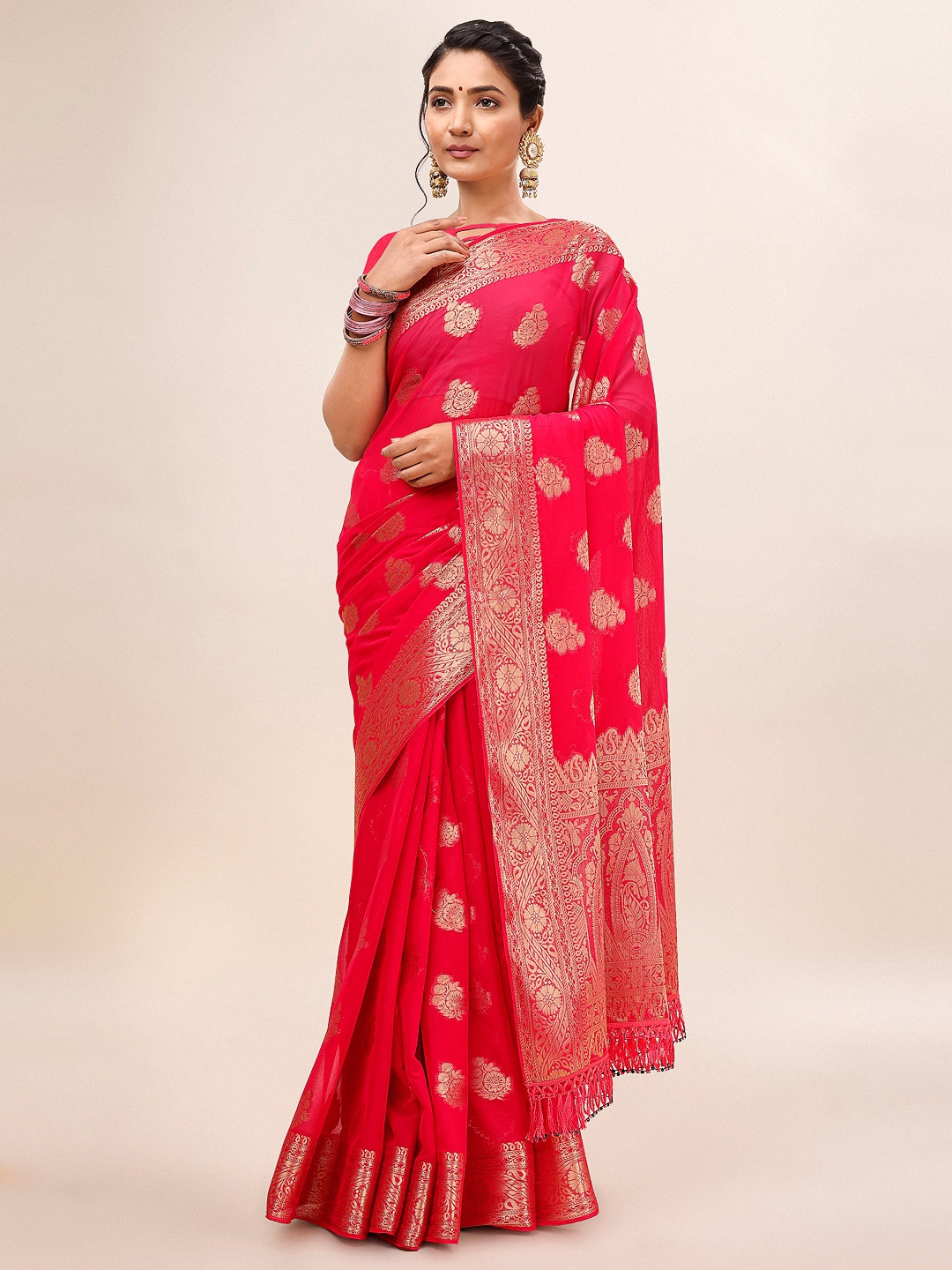 

Indian Women Ethnic Motifs Woven Design Zari Pure Chiffon Banarasi Saree, Red