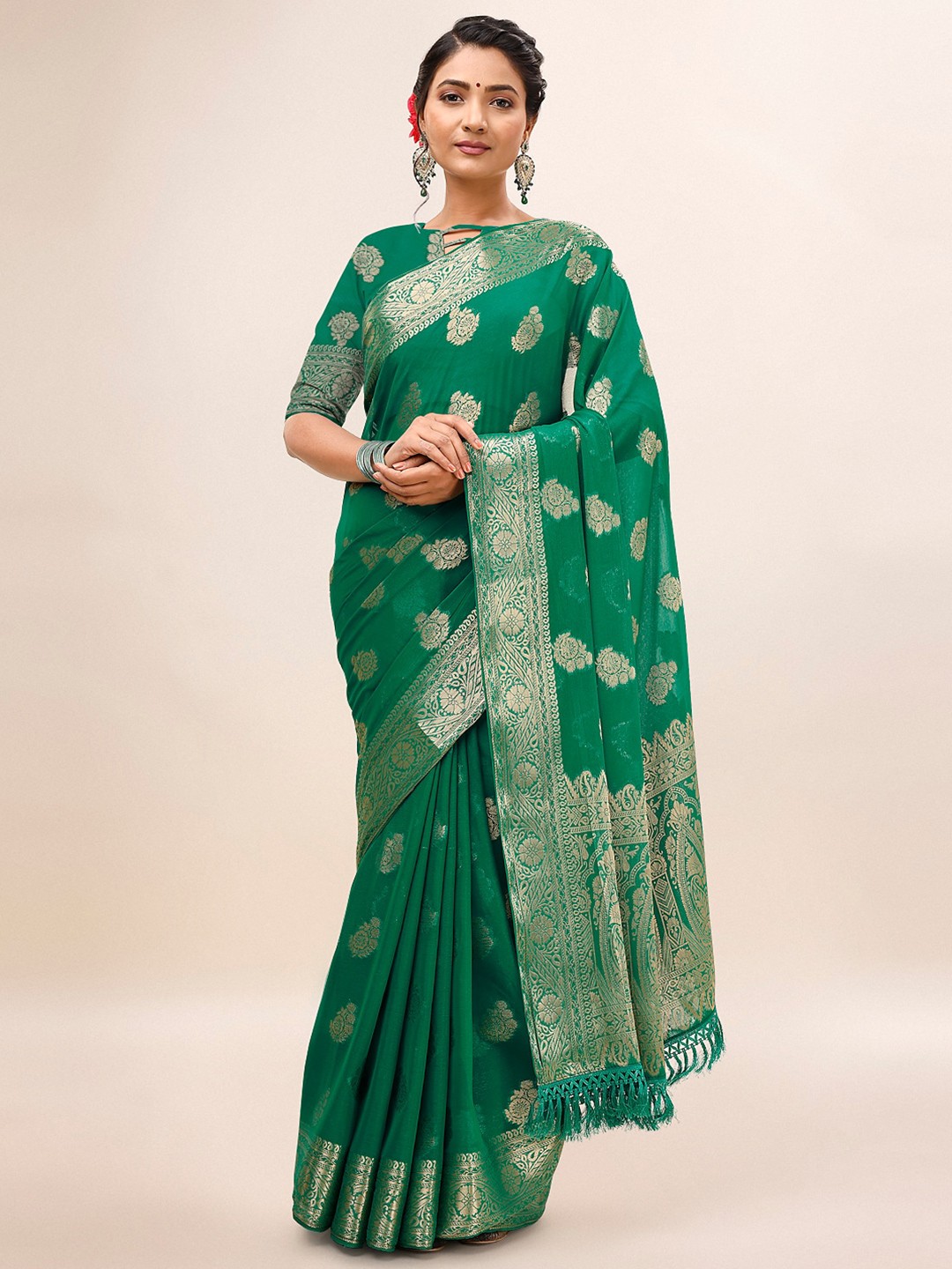 

Indian Women Ethnic Motifs Woven Design Zari Pure Chiffon Banarasi Saree, Green