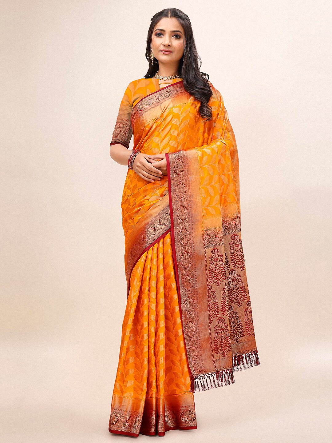 

Indian Women Ethnic Motifs Woven Design Zari Silk Blend Banarasi Saree, Orange