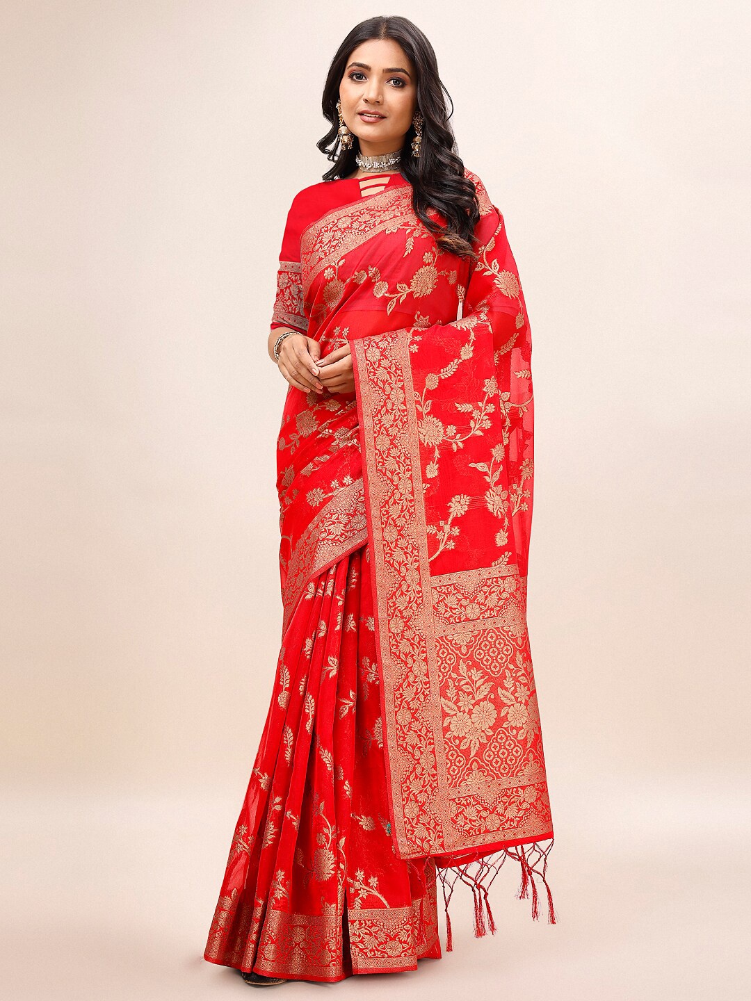 

Indian Women Floral Woven Design Zari Organza Banarasi Saree, Red