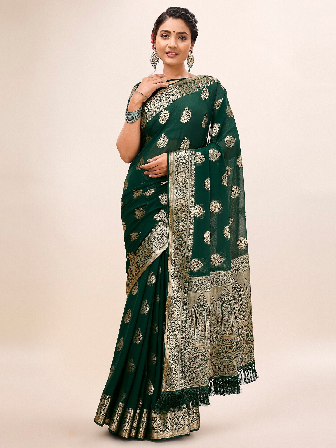 

Indian Women Ethnic Motifs Woven Design Zari Pure Chiffon Banarasi Saree, Green