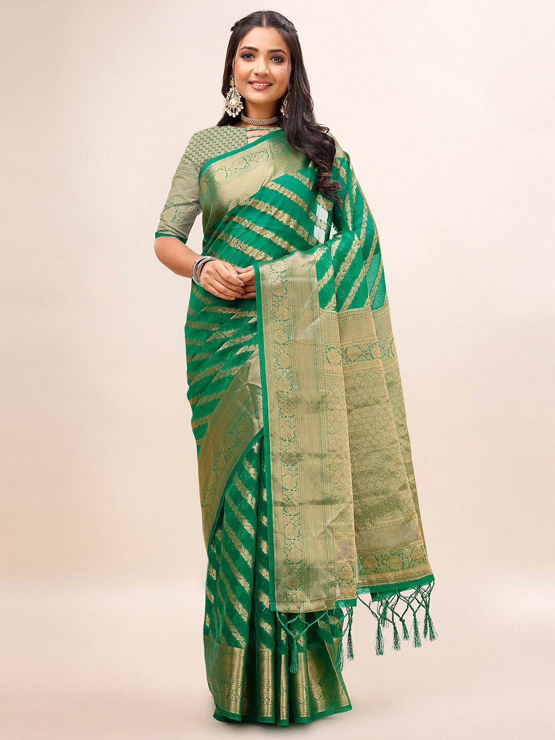 

Indian Women Ethnic Motifs Woven Design Zari Organza Saree, Green