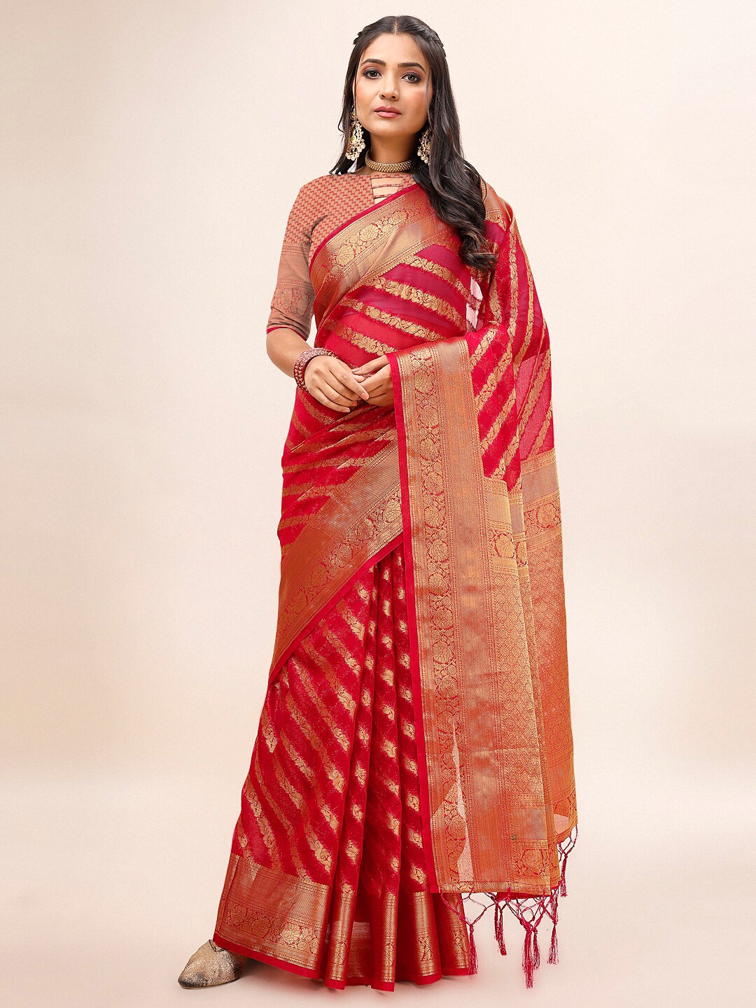 

Indian Women Ethnic Motifs Woven Design Zari Organza Saree, Red