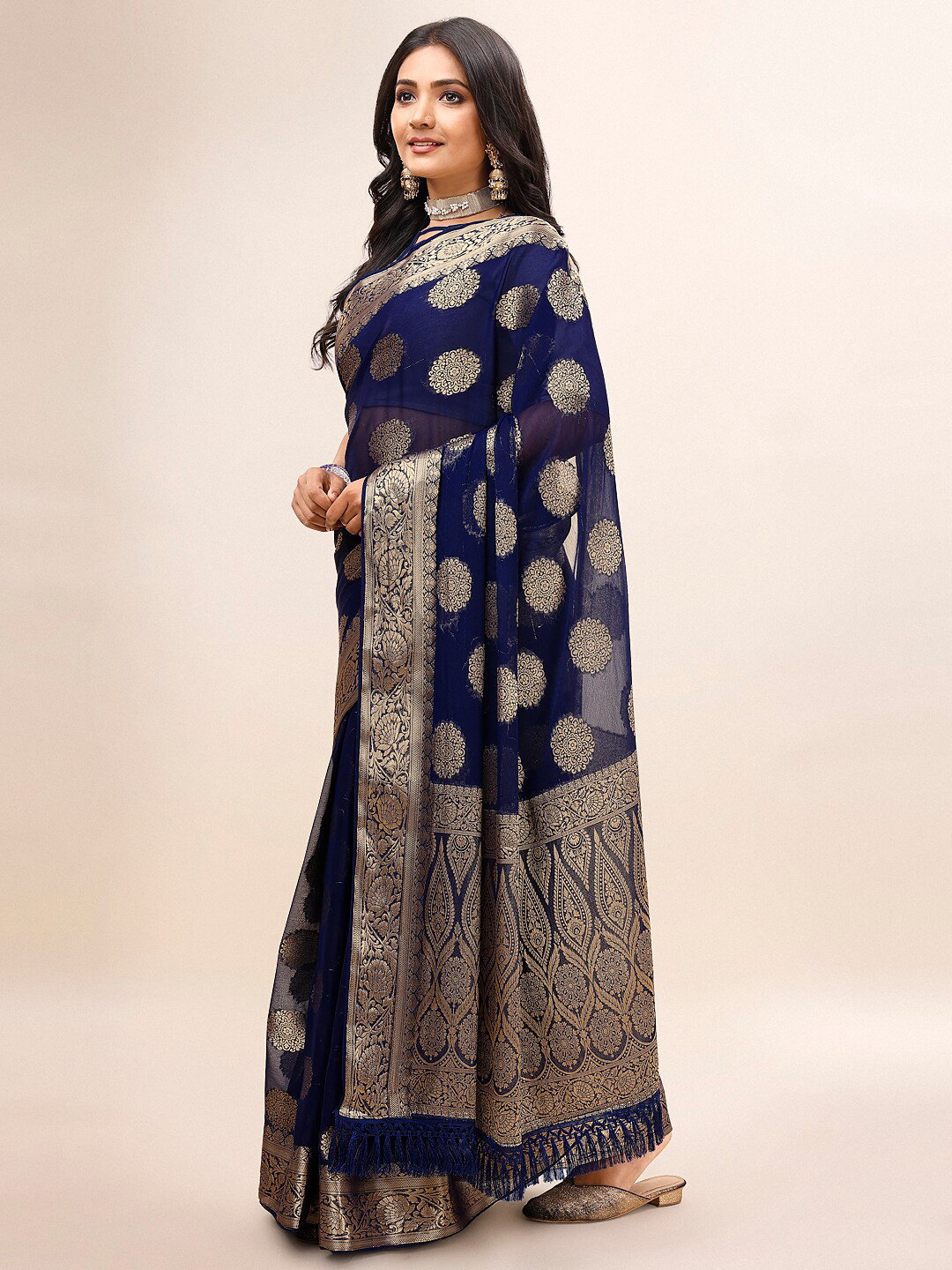 

Indian Women Floral Woven Design Zari Pure Chiffon Saree, Blue