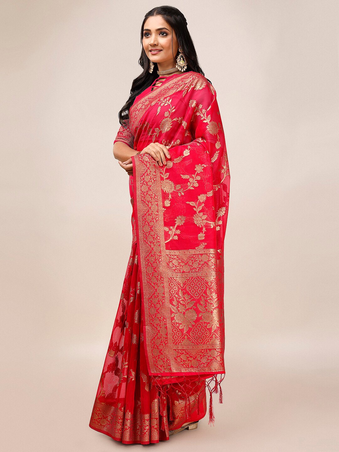 

Indian Women Floral Woven Design Zari Organza Saree, Red