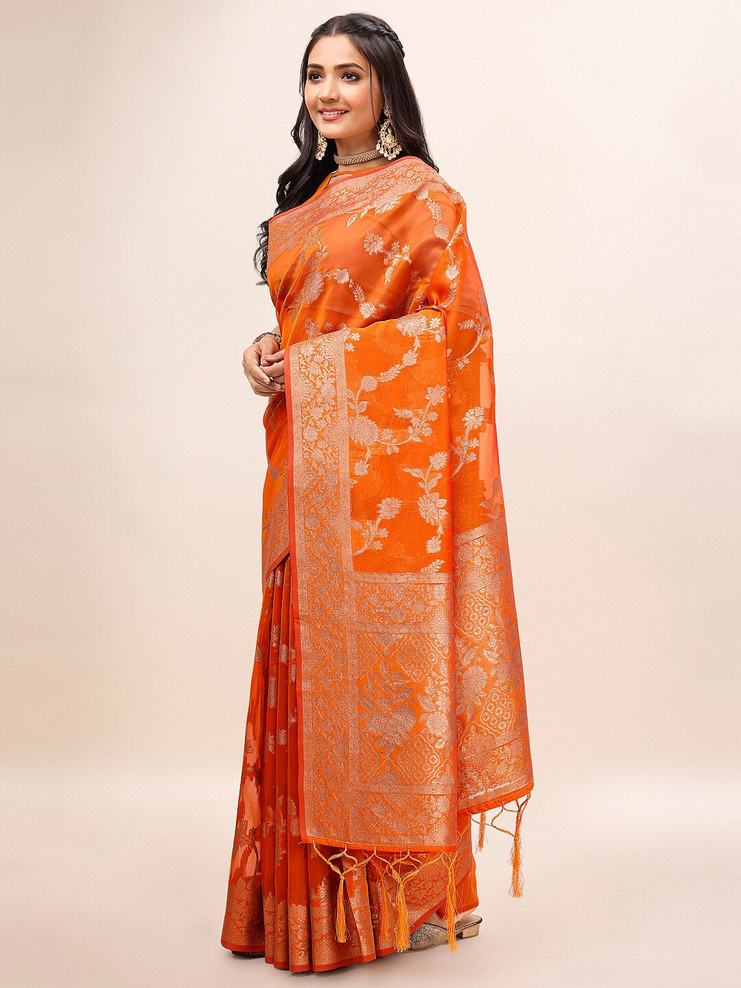 

Indian Women Ethnic Motifs Woven Design Zari Organza Banarasi Saree, Orange