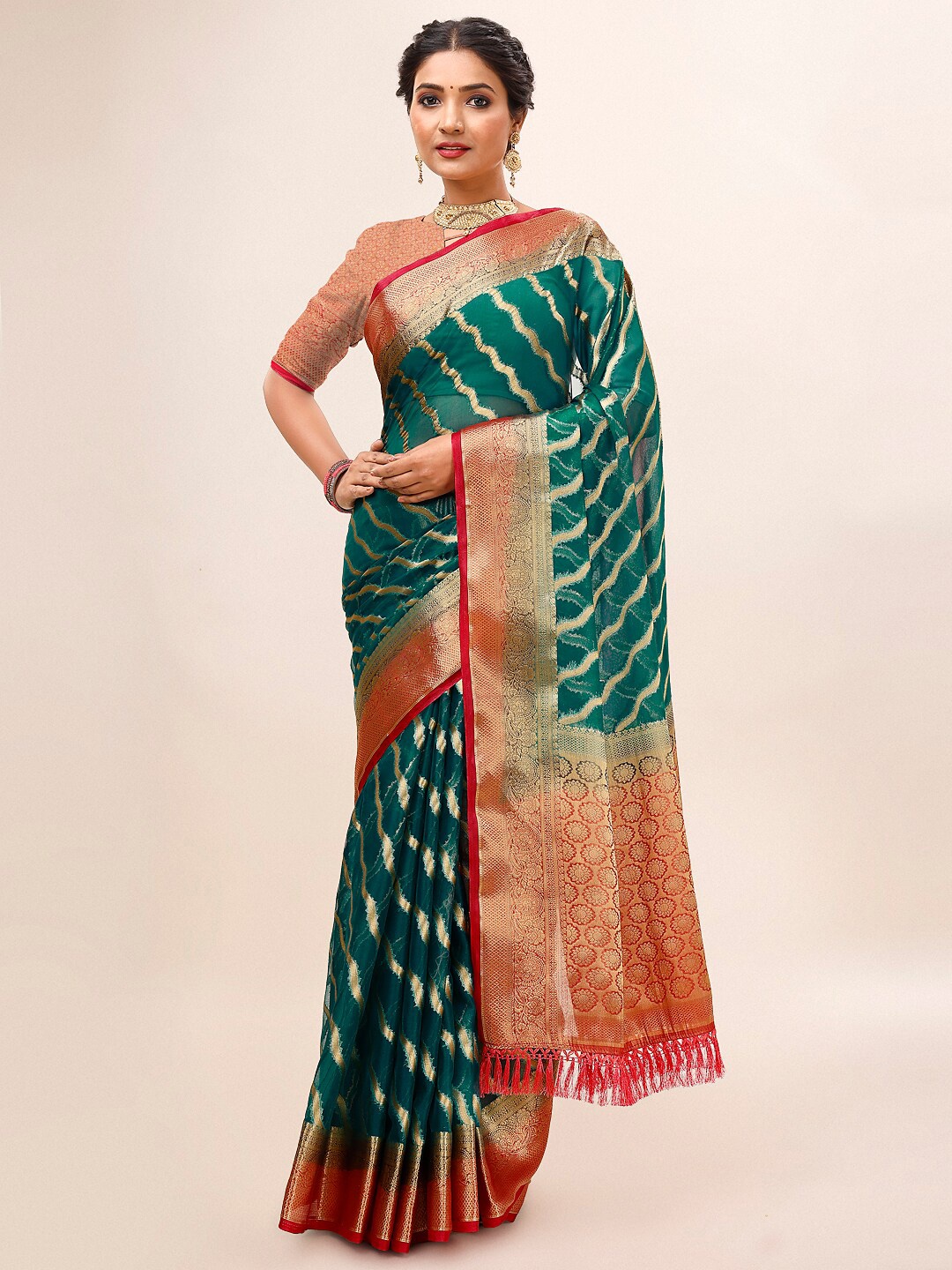 

Indian Women Striped Woven Design Zari Organza Leheriya Saree, Green