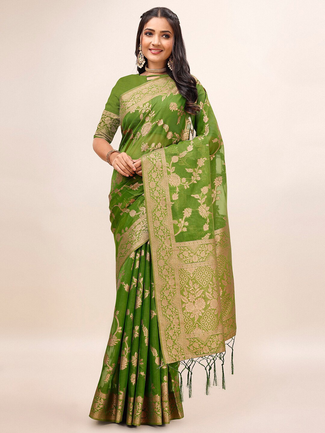

Indian Women Ethnic Motifs Woven Design Zari Organza Banarasi Saree, Green