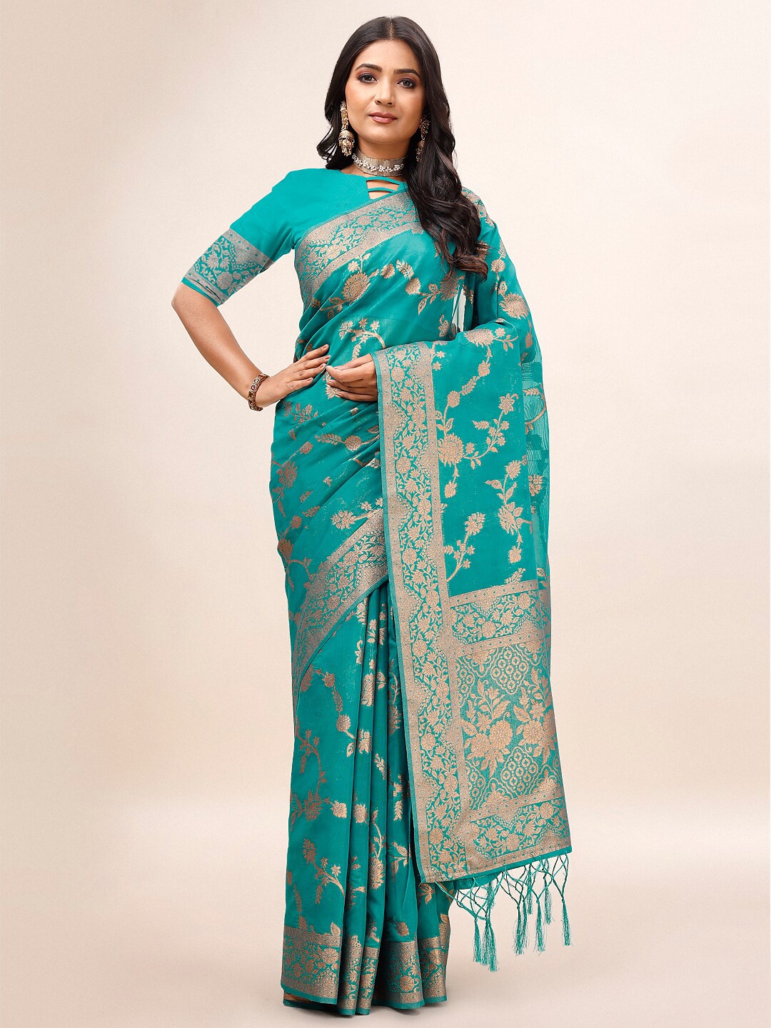 

Indian Women Ethnic Motifs Woven Design Zari Organza Banarasi Saree, Turquoise blue