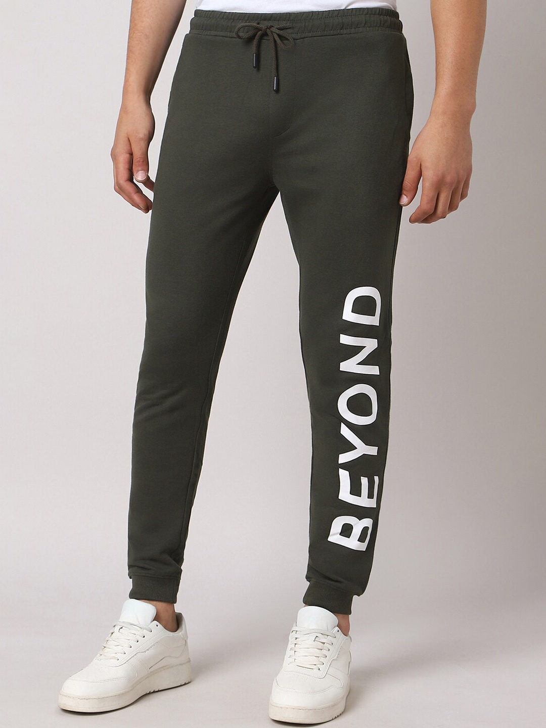 

People Men Olive Green Typography Printed Mid Rise Joggers