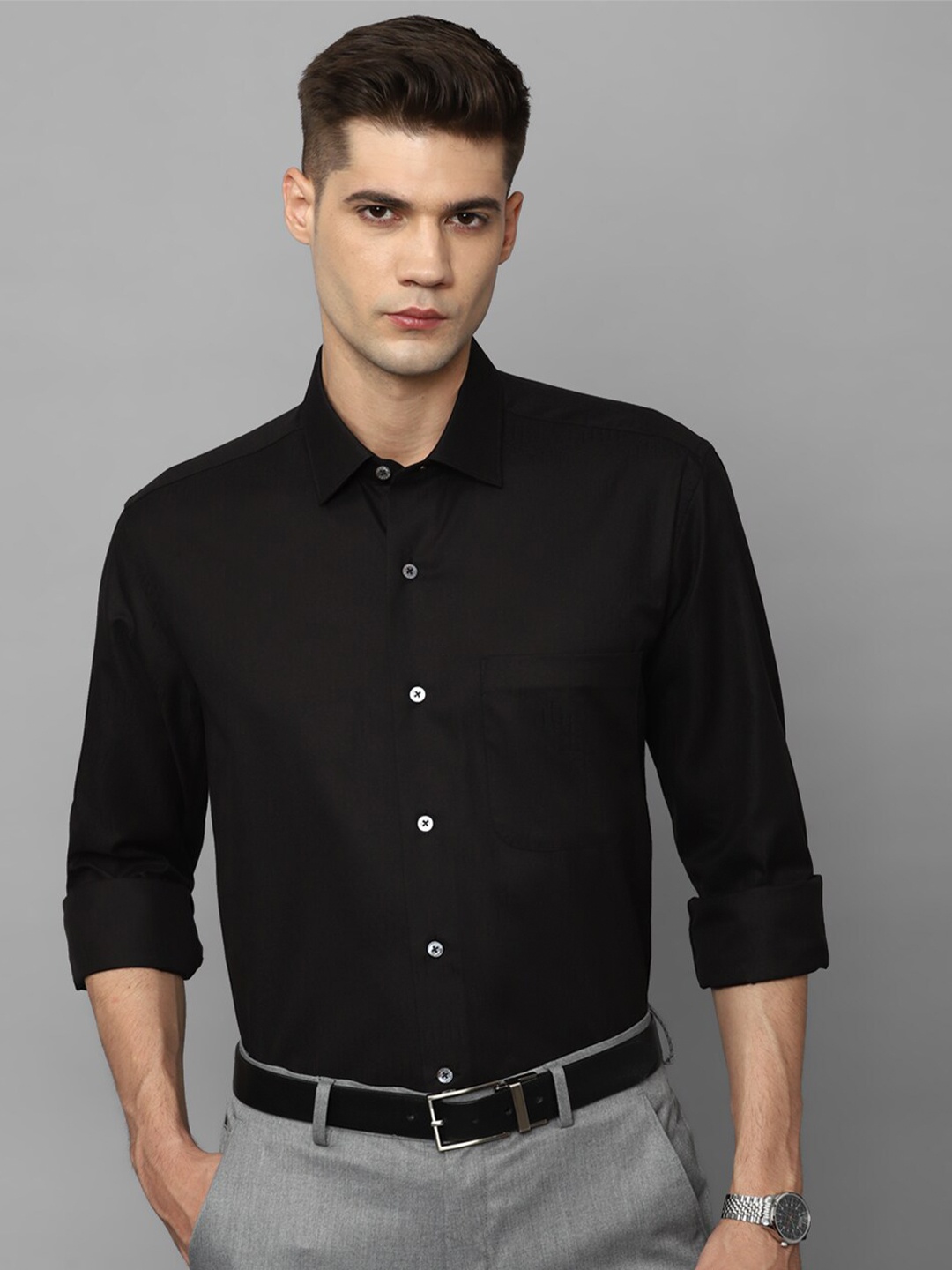 

Luxure by Louis Philippe Spread Collar Pure Cotton Formal Shirt, Black