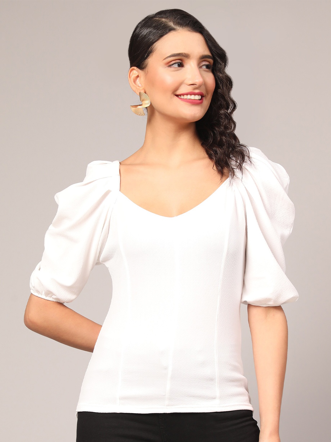 

BAESD Scoop Neck Puffed Sleeves Cotton Top, White