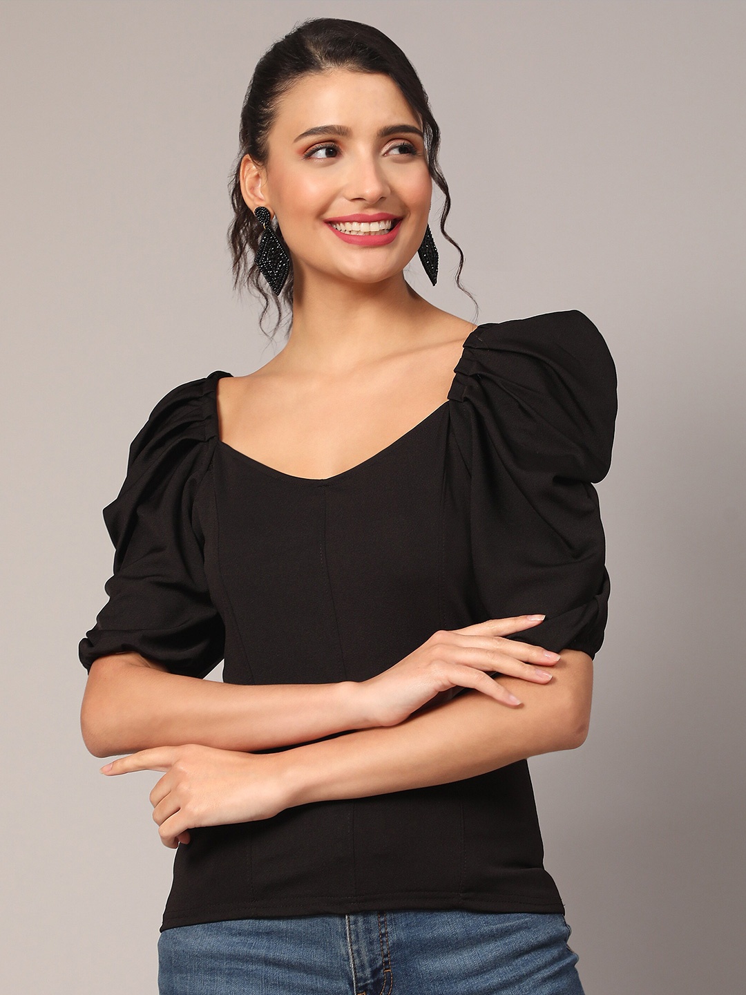 

BAESD Scoop Neck Puffed Sleeves Cotton Top, Black