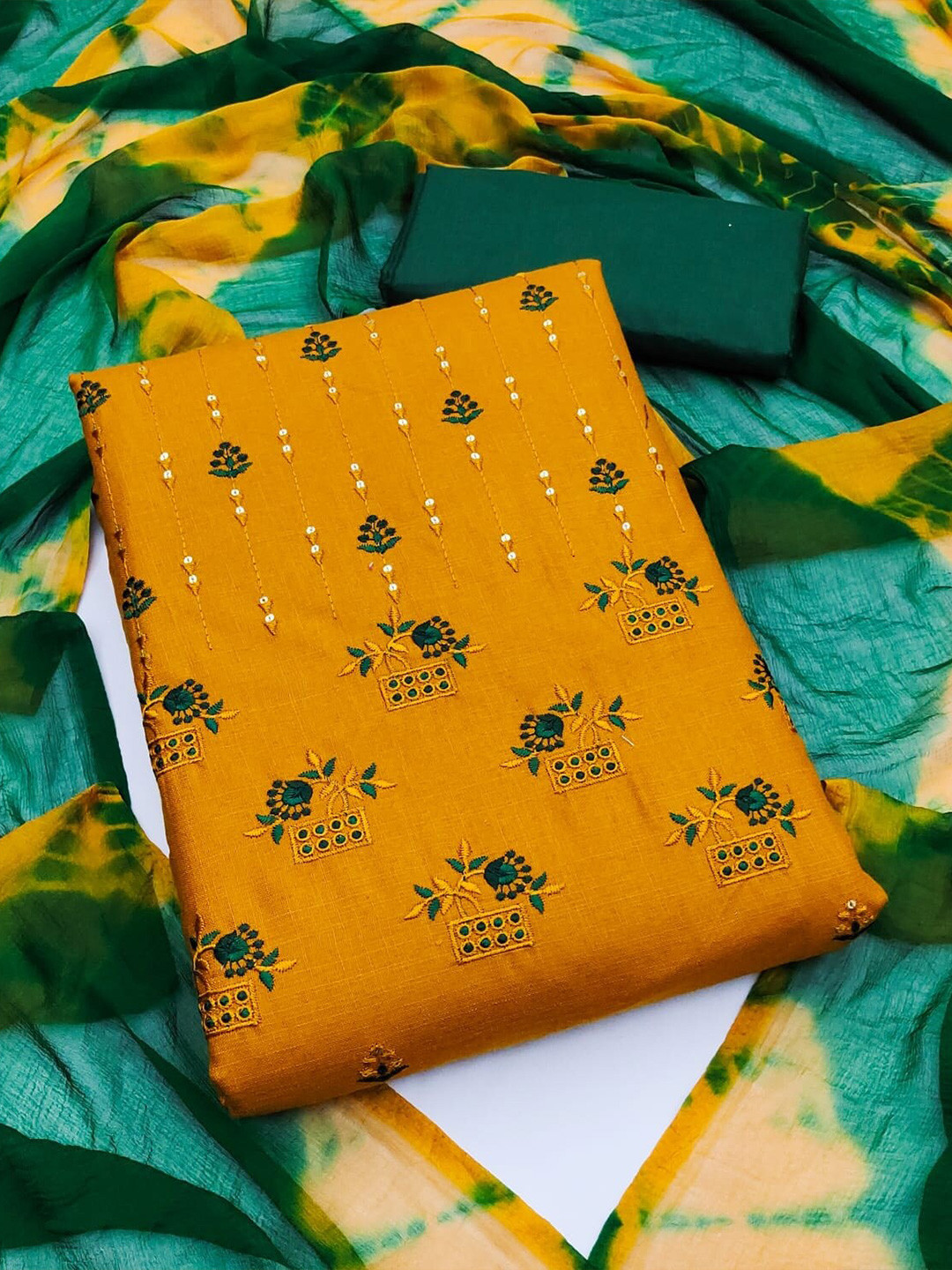

APNISHA Floral Embroidered Unstitched Dress Material, Yellow