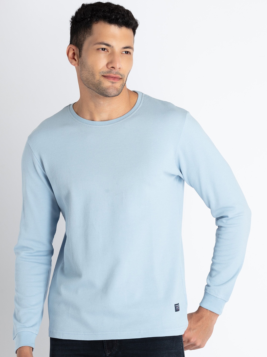 

Status Quo Round Neck Long Sleeves Cotton T-shirt, Blue