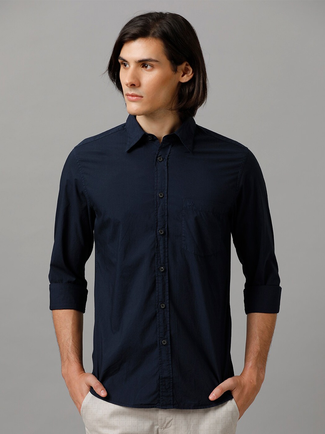

Aldeno India Slim Cutaway Collar Pure Cotton Casual Shirt, Navy blue