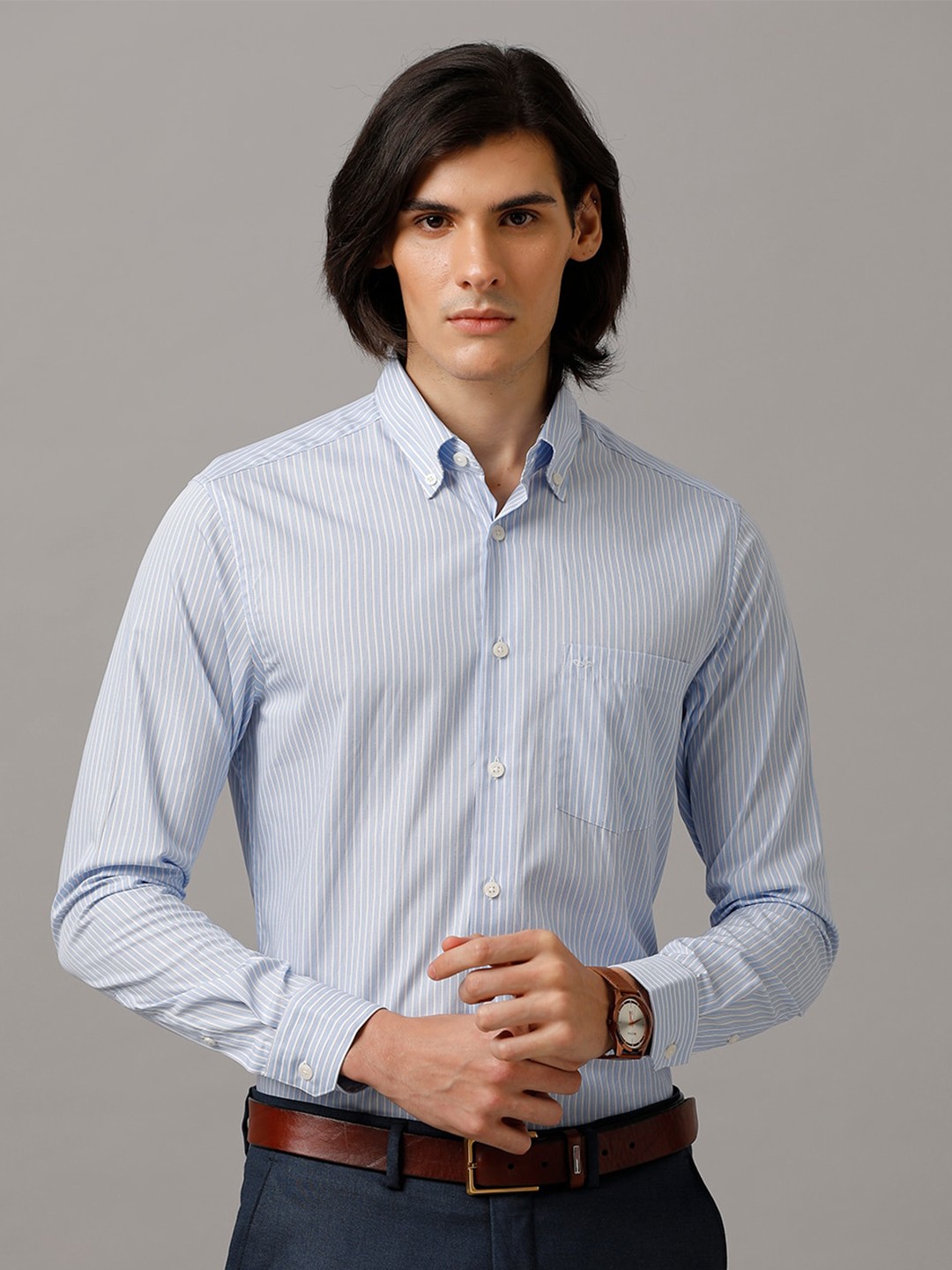 

Aldeno India Slim Vertical Striped Button Down Collar Formal Shirt, Blue