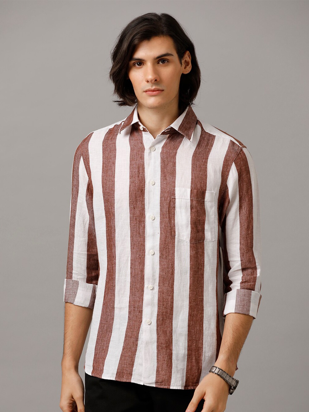 

Aldeno Comfort Striped Cutaway Collar Pure Linen Casual Shirt, Brown