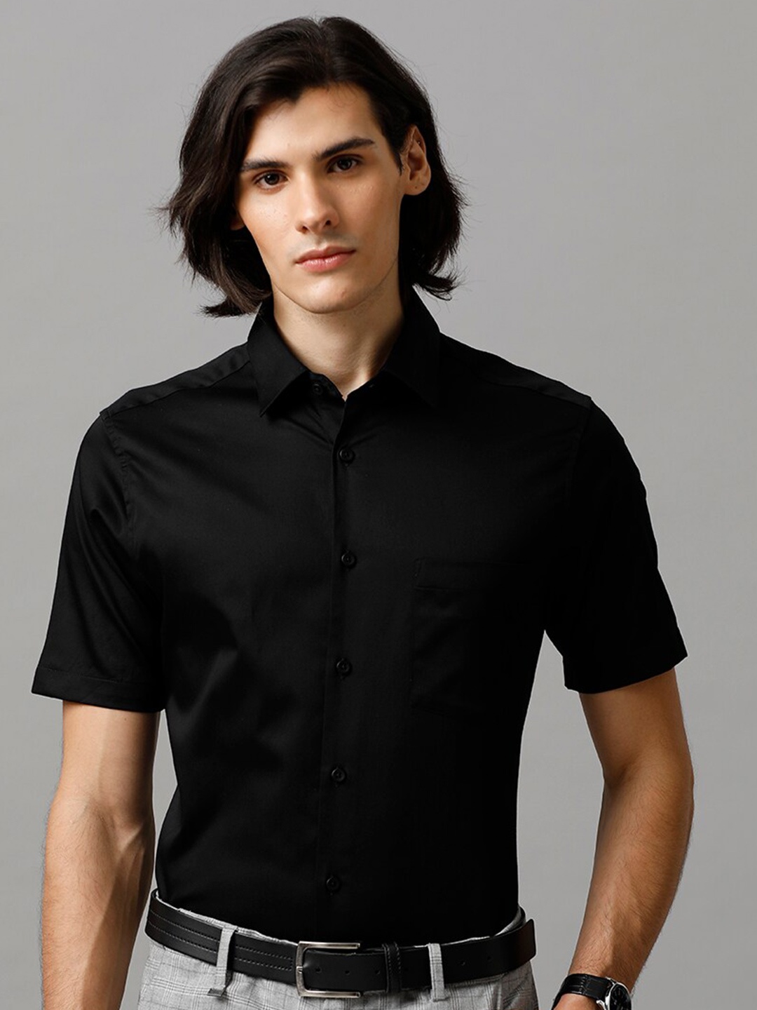 

Aldeno India Slim Slim Fit Opaque Satin Formal Shirt, Black