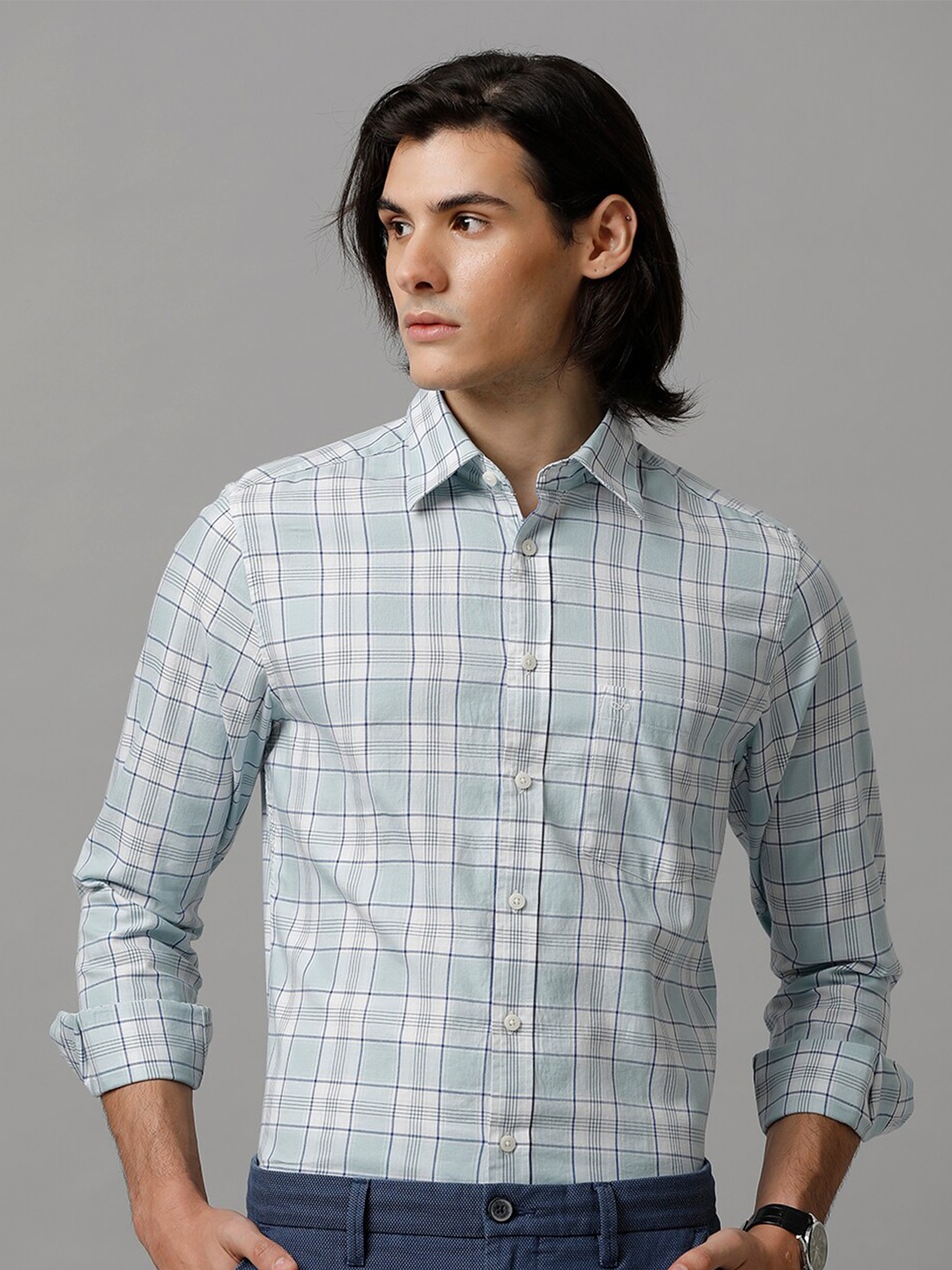 

Aldeno India Slim Slim Fit Checked Pure Cotton Casual Shirt, Blue