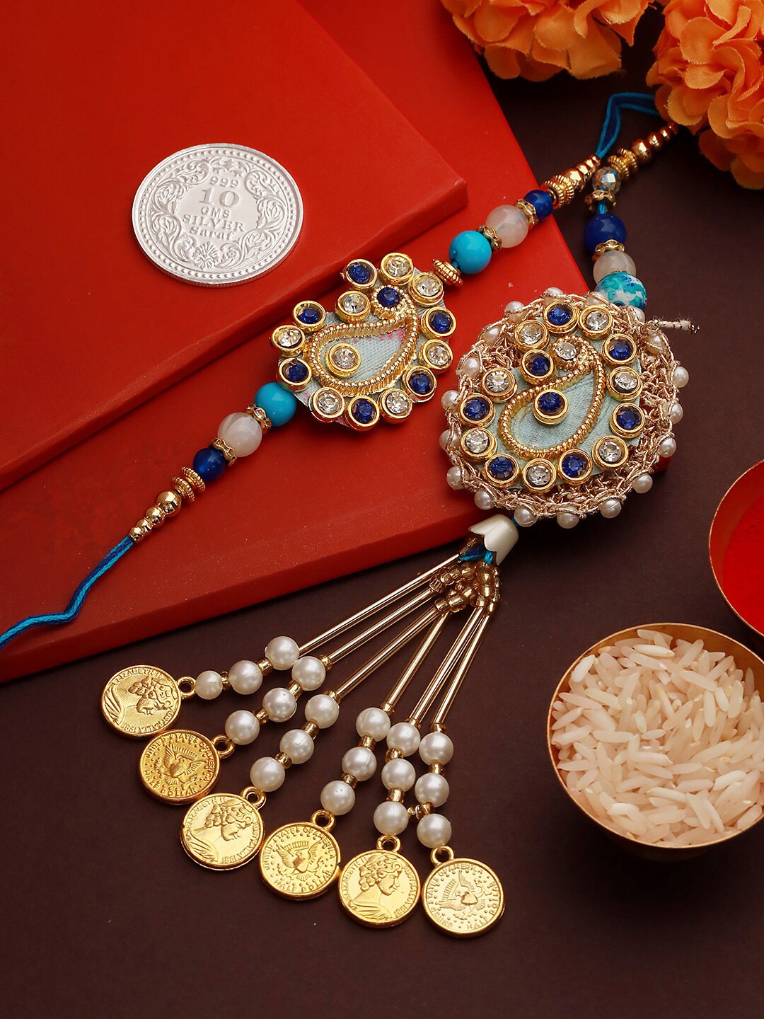 

Saraf RS Jewellery Set Of 2 Rakhi With 999 Pure Silver Coin, Gold