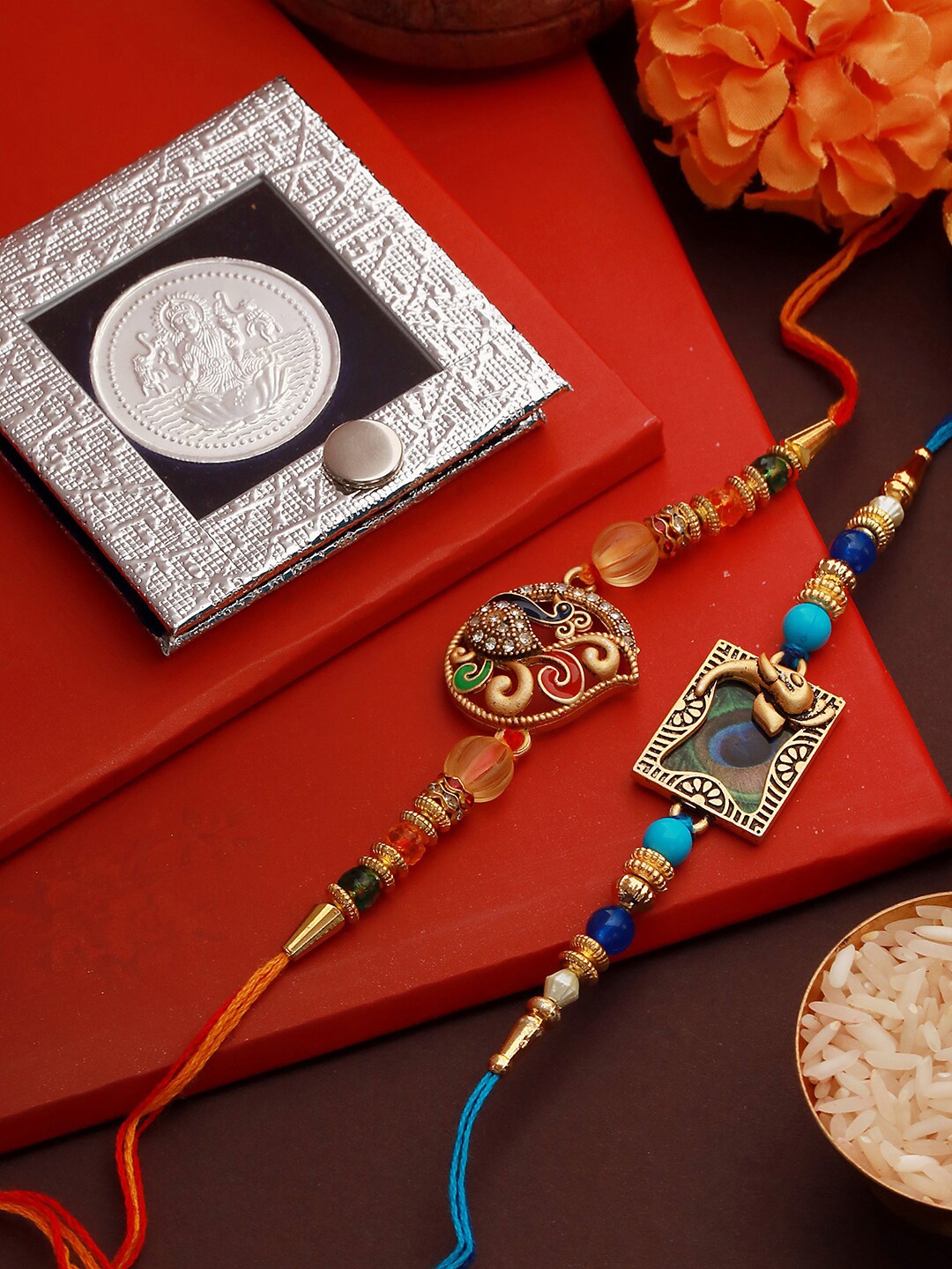 

Saraf RS Jewellery Set Of 2 Rakhi With 10 g 999 Pure Silver Coin, Gold