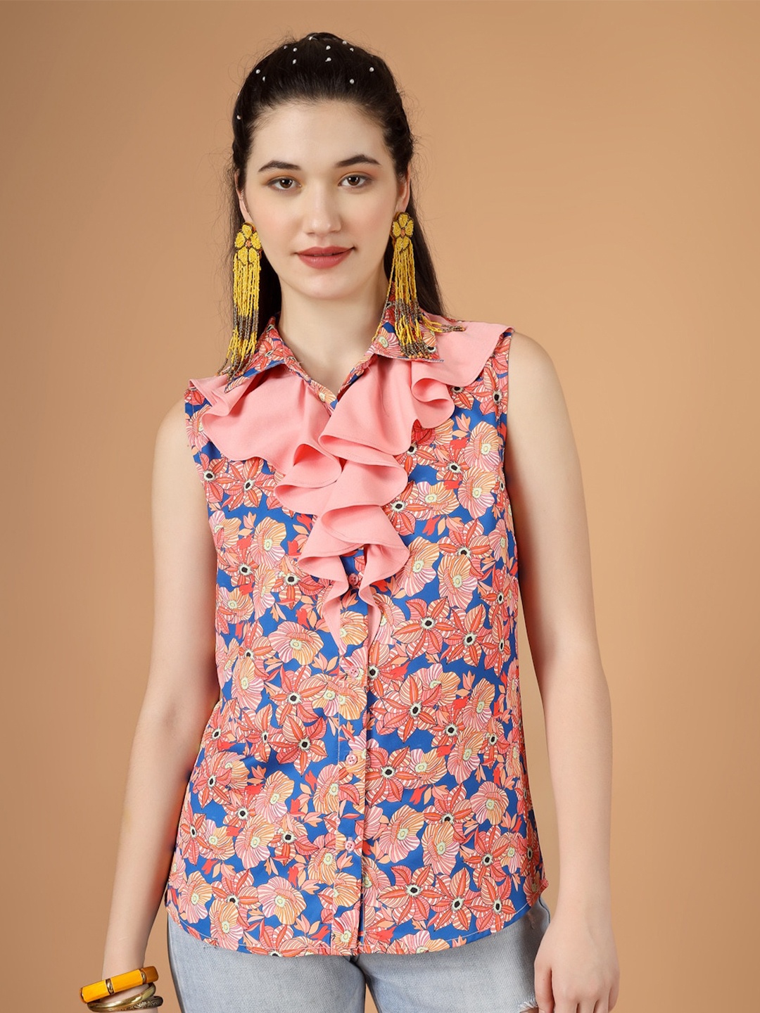 

angloindu Floral Printed Ruffles Opaque Casual Shirt, Pink