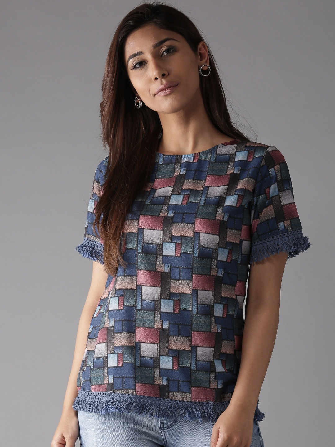 

HERE&NOW Blue Geometric Fringed Top