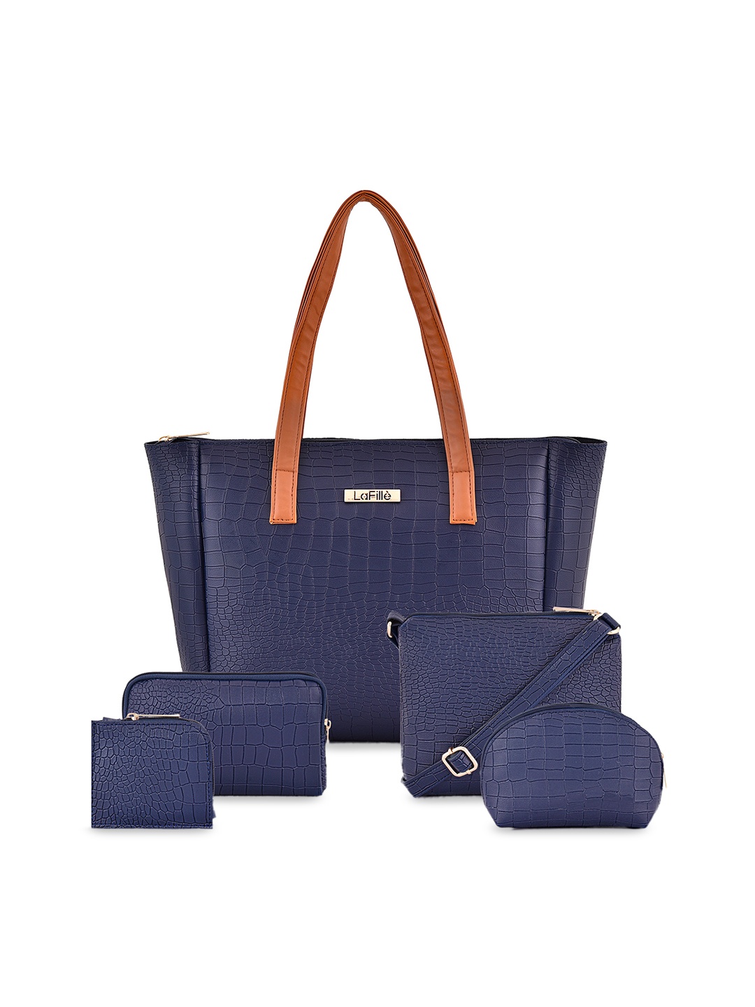 

LaFille Pack Of 5 Textured Structured Shoulder Bag, Navy blue