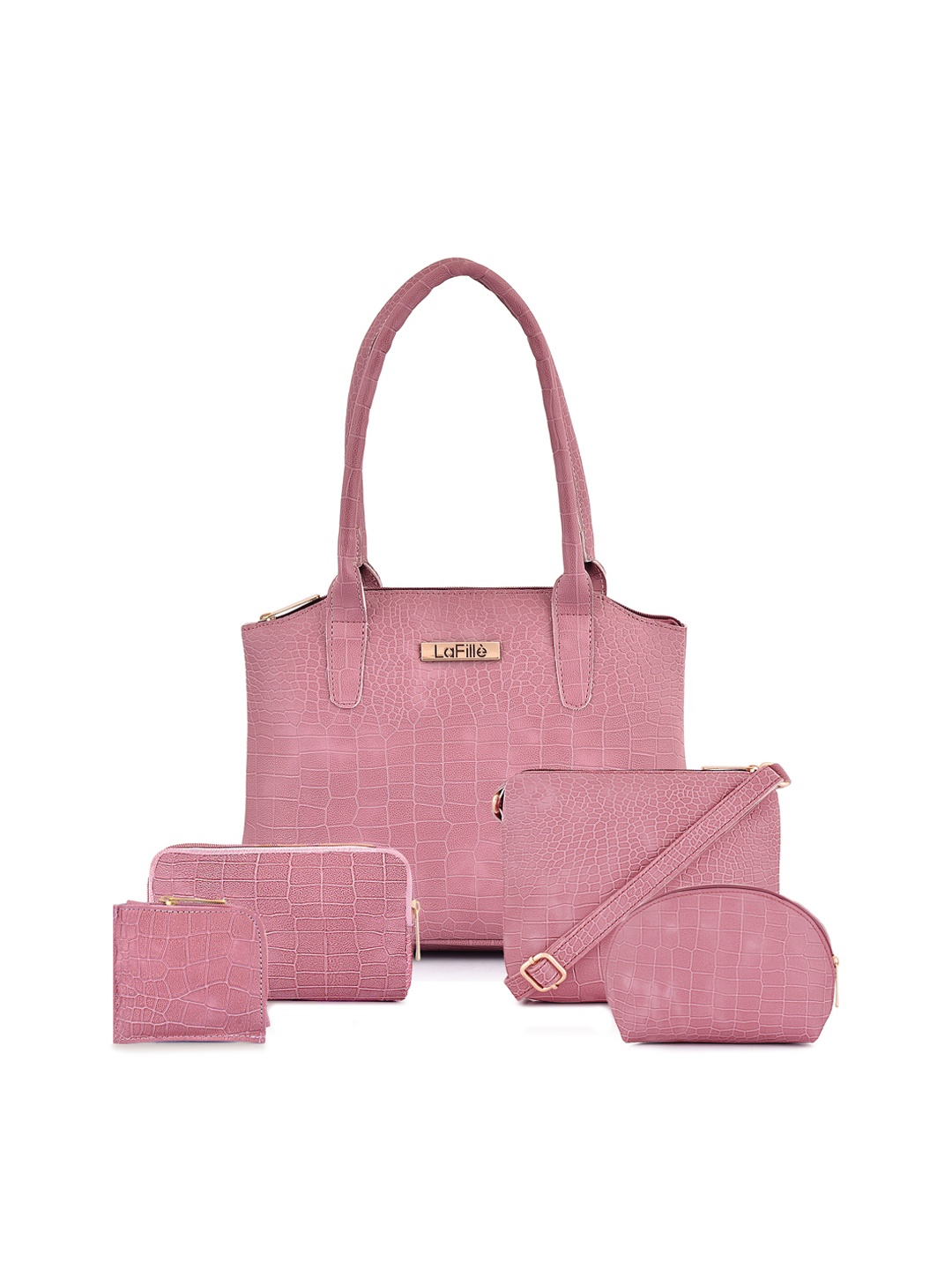 

LaFille Pack Of 5 Textured Structured Shoulder Bag, Pink