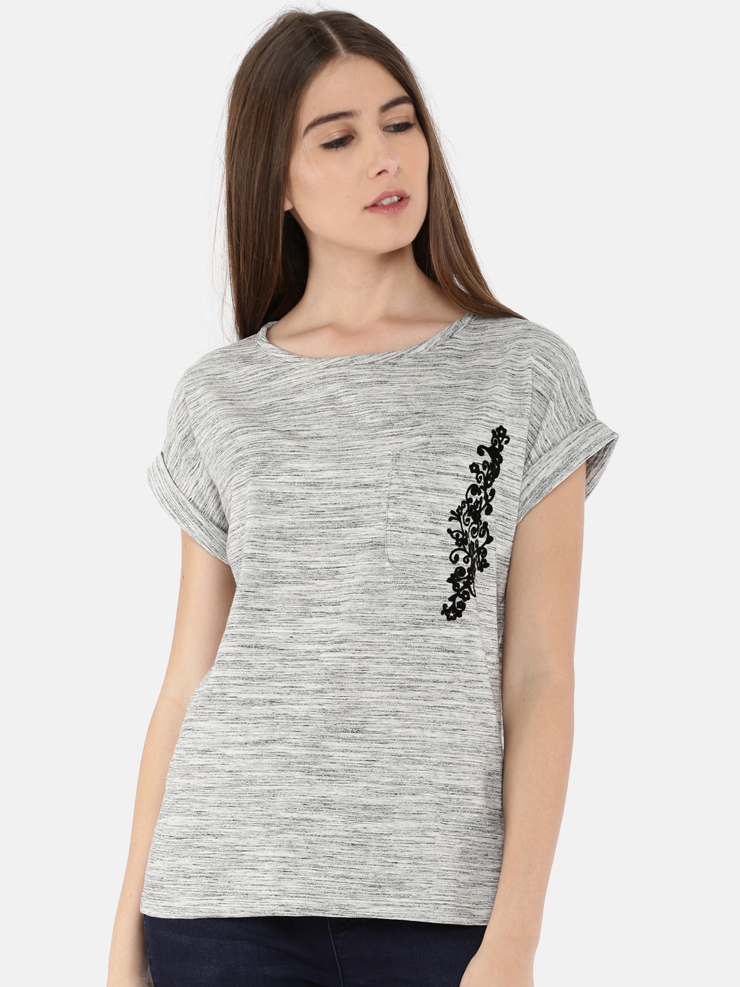 

Fusion Beats Women Grey Solid Round Neck T-shirt