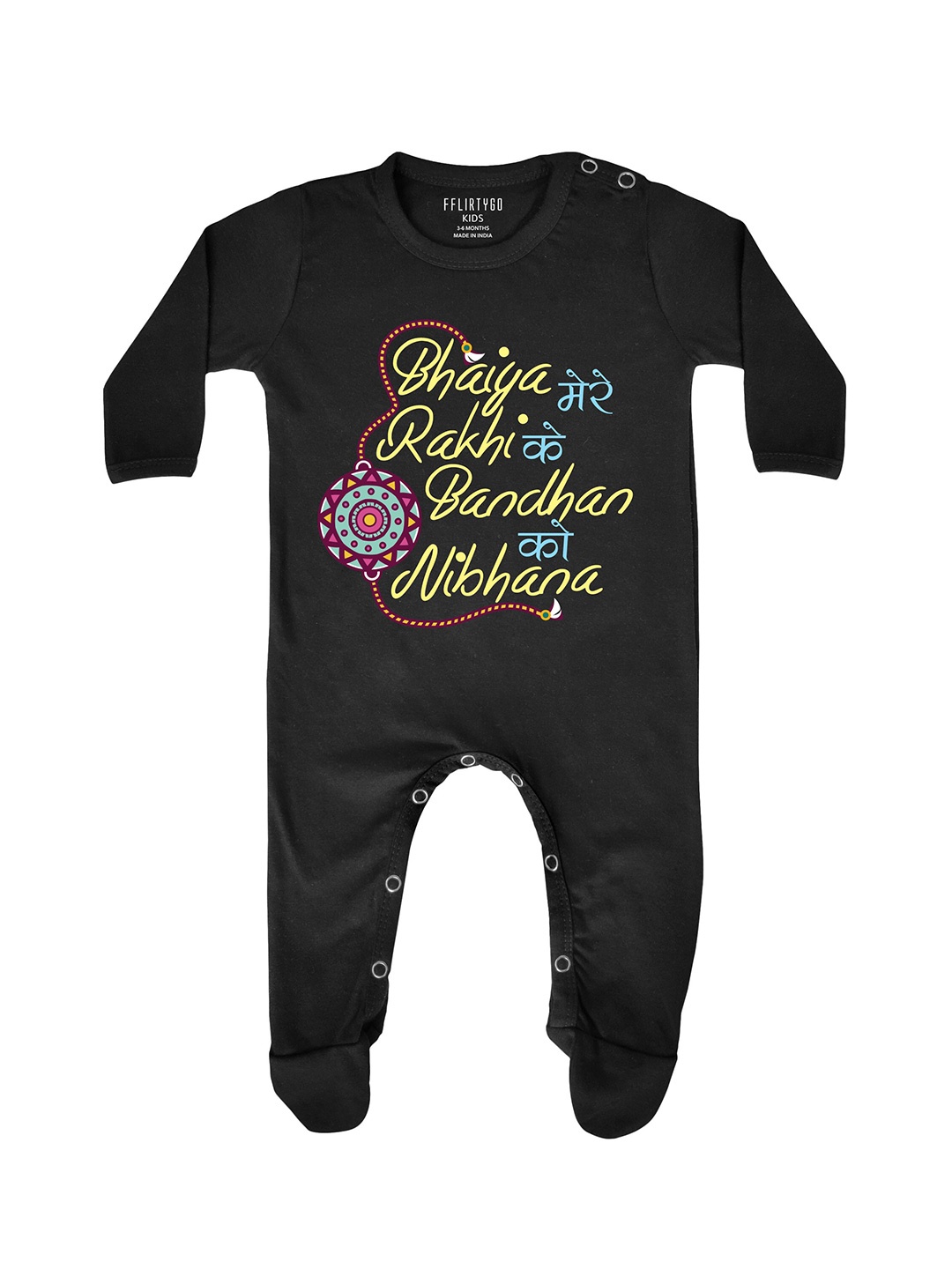 

FFLIRTYGO Infant Kids Typography Printed Cotton Rakhi Special Sleepsuit, Black