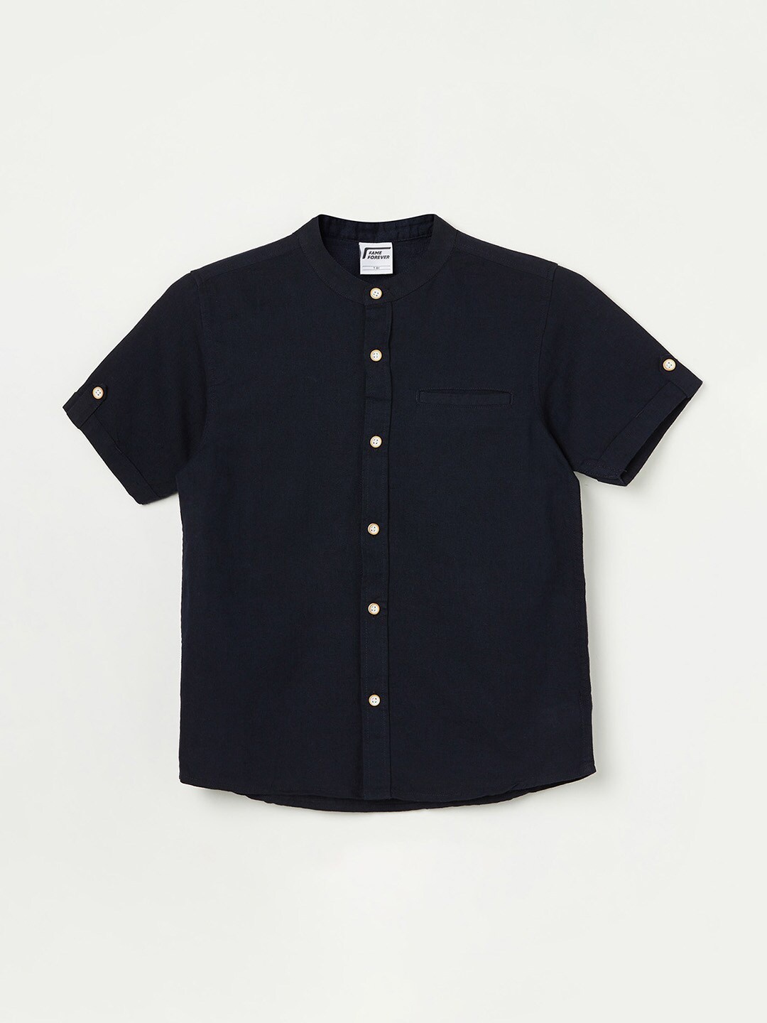 

Fame Forever by Lifestyle Boys Band Collar Cotton Linen Casual Shirt, Navy blue